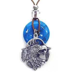 Eagle Head Adjustable Cord Necklace with Torquoise Colored Disc - Flyclothing LLC