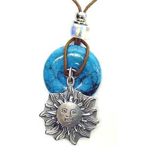 Sun Face Adjustable Cord Necklace with Torquoise Colored Disc - Flyclothing LLC