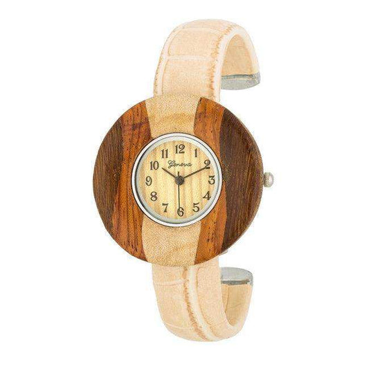 Brenna Beige Wood Inspired Leather Cuff Watch - JGI - Flyclothing LLC