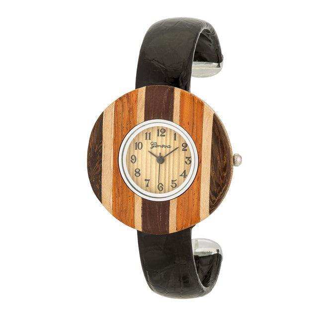 Brenna Black Wood Inspired Leather Cuff Watch - JGI - Flyclothing LLC