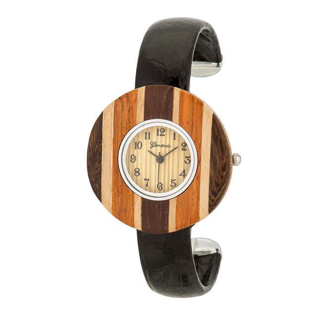 Brenna Black Wood Inspired Leather Cuff Watch - JGI