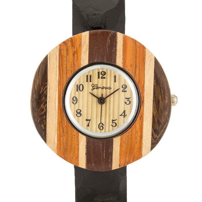 Brenna Black Wood Inspired Leather Cuff Watch - Flyclothing LLC