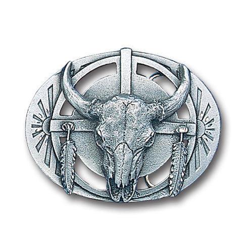 Buffalo Skull/Feathers Antiqued Belt Buckle - Siskiyou Buckle