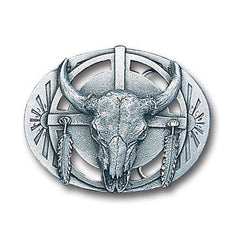 Buffalo Skull/Feathers Antiqued Belt Buckle - Flyclothing LLC