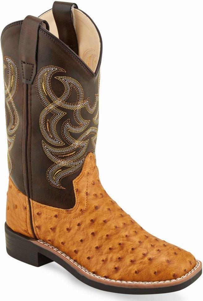 Old West Old Yellow Ostrich Print Cloudy Brown Childrens Toe Boots - Flyclothing LLC