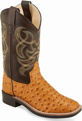 Old West Old Yellow Ostrich Print Cloudy Brown Childrens Toe Boots - Flyclothing LLC