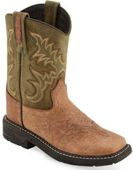 Old West Brown Bull Hide Print Waxy Youth Square Toe Boots - Flyclothing LLC