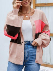 Color Block Button Up Lantern Sleeve Cardigan - Trendsi