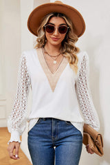Openwork V-Neck Long Sleeve T-Shirt - Trendsi - Flyclothing LLC
