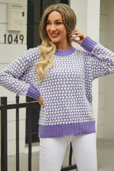 Printed Round Neck Dropped Shoulder Sweater - Trendsi - Flyclothing LLC