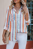 Striped Button-Up Curved Hem Shirt with Breast Pocket - Trendsi