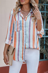Striped Button-Up Curved Hem Shirt with Breast Pocket - Flyclothing LLC