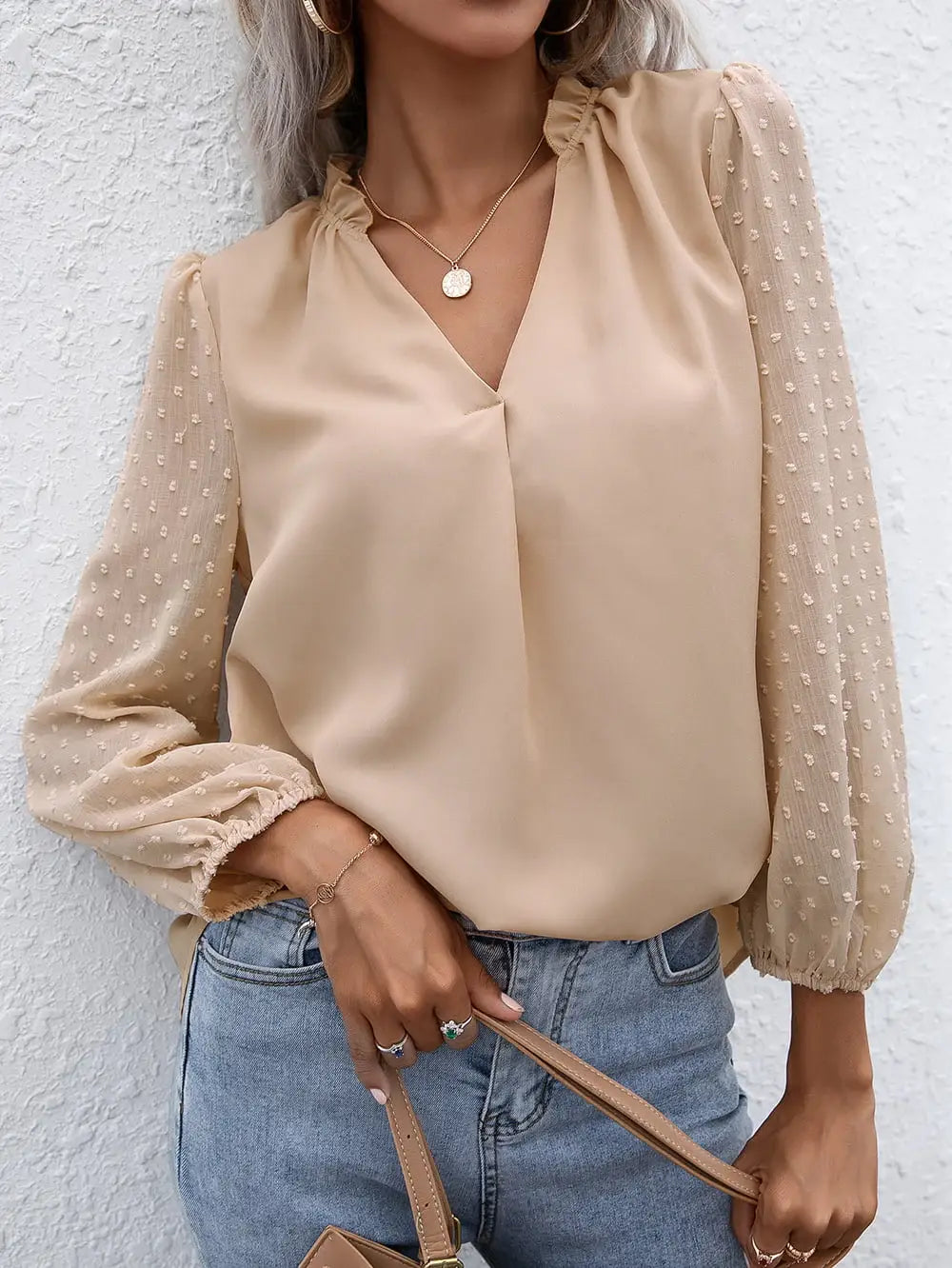 Swiss Dot Frill Trim Puff Sleeve Blouse - Trendsi - Flyclothing LLC