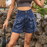 High Waist Denim Cargo Shorts - Trendsi - Flyclothing LLC