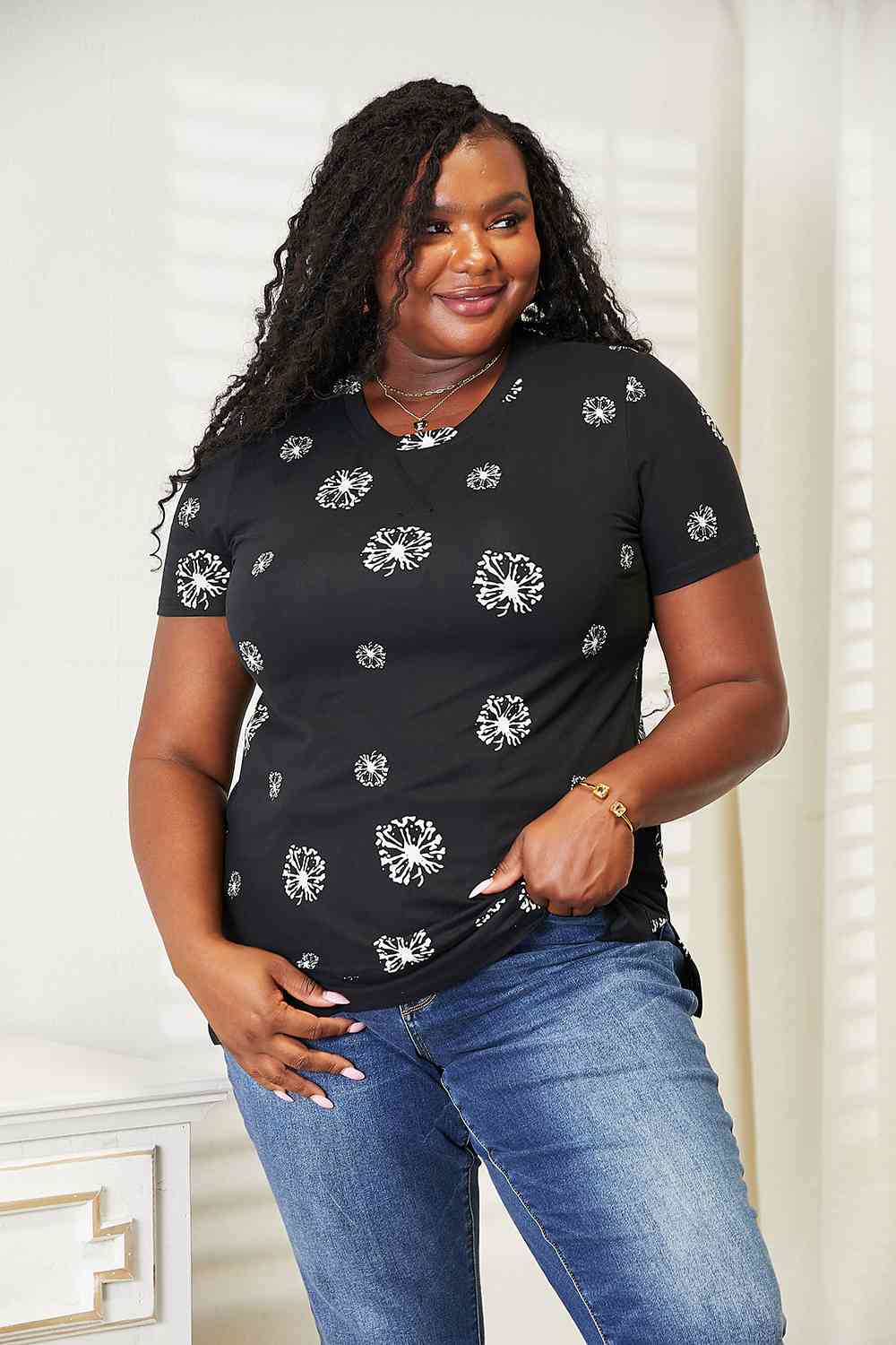 Double Take Dandelion Print Round Neck T-Shirt - Trendsi - Flyclothing LLC