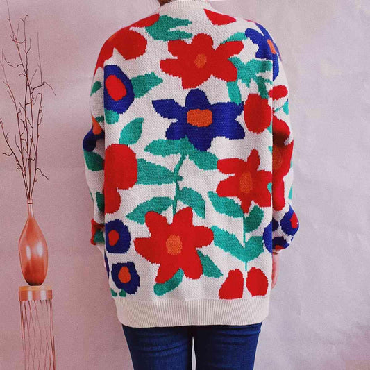 Floral Print Round Neck Drop Shoulder Sweater - Trendsi