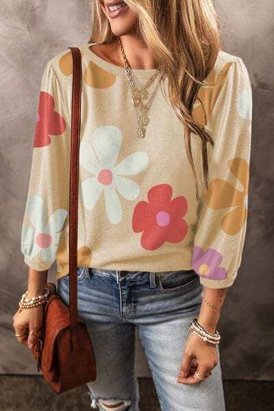Flower Round Neck Long Sleeve Blouse - Trendsi - Flyclothing LLC