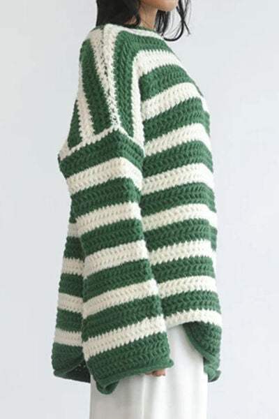 Striped Round Neck Dropped Shoulder Sweater - Trendsi - Flyclothing LLC