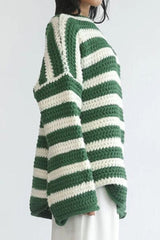 Striped Round Neck Dropped Shoulder Sweater - Flyclothing LLC