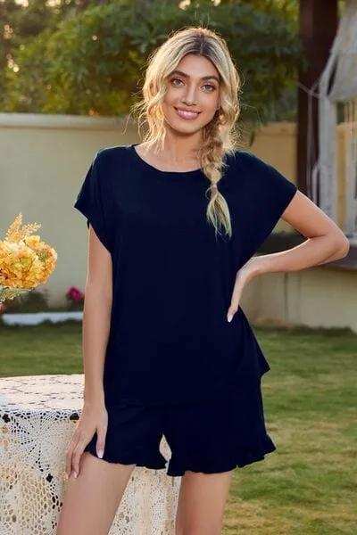 Round Neck Short Sleeve T-Shirt and Drawstring Shorts Lounge Set - Trendsi - Flyclothing LLC