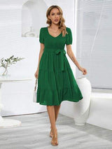 Smocked Tie Front Short Sleeve Tiered Dress - Trendsi - Flyclothing LLC
