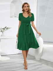 Smocked Tie Front Short Sleeve Tiered Dress - Flyclothing LLC