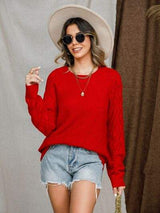 Openwork Round Neck Raglan Sleeve Sweater - Trendsi - Flyclothing LLC