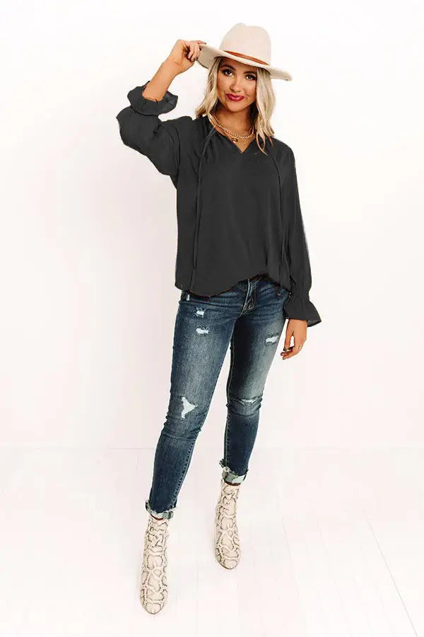 Swiss Dot Tie Neck Flounce Sleeve Blouse - Trendsi - Flyclothing LLC