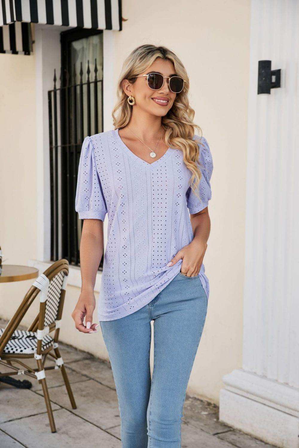 Eyelet Puff Sleeve V-Neck Top - Trendsi - Flyclothing LLC