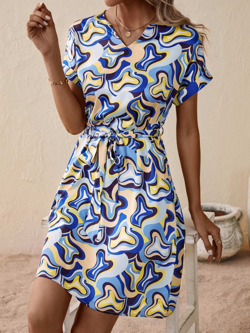 Tied Printed V-Neck Short Sleeve Dress - Trendsi - Flyclothing LLC