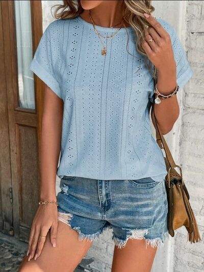 Eyelet Round Neck Short Sleeve T-Shirt - Trendsi - Flyclothing LLC