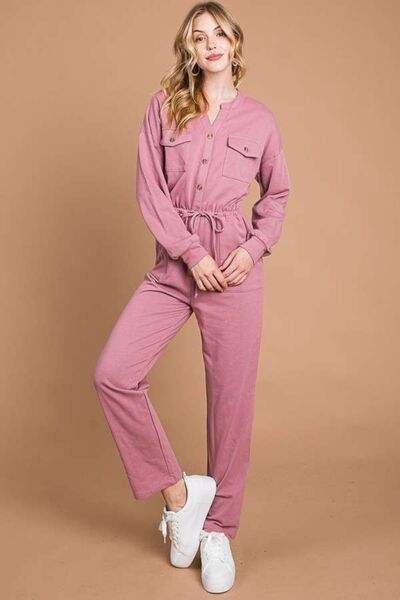 Culture Code Full Size Button Up Drawstring Waist Straight Jumpsuit - Trendsi - Flyclothing LLC