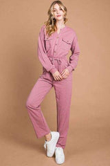Culture Code Full Size Button Up Drawstring Waist Straight Jumpsuit - Trendsi - Flyclothing LLC