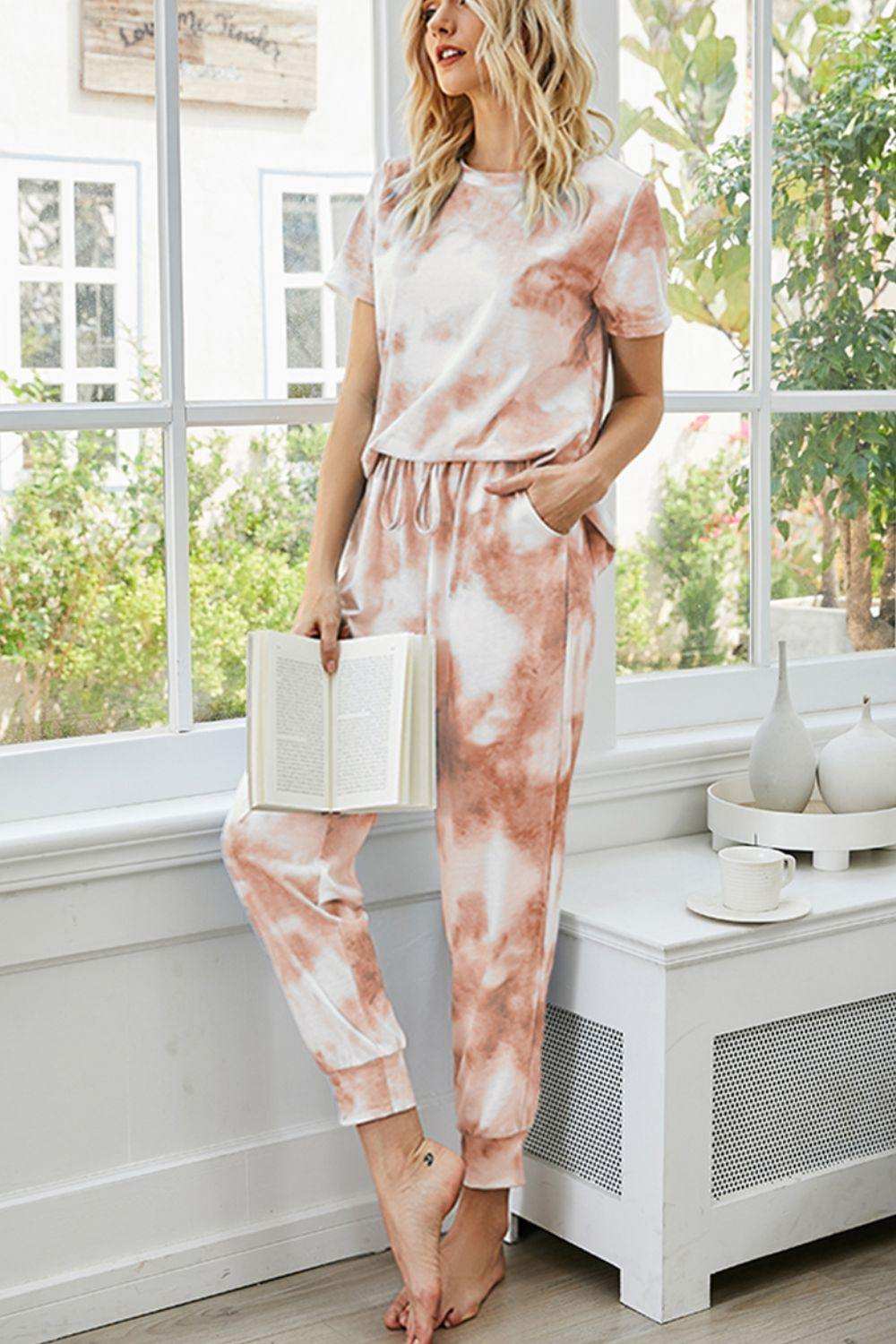 Tie-Dye Round Neck Short Sleeve Top and Pants Lounge Set - Trendsi - Flyclothing LLC