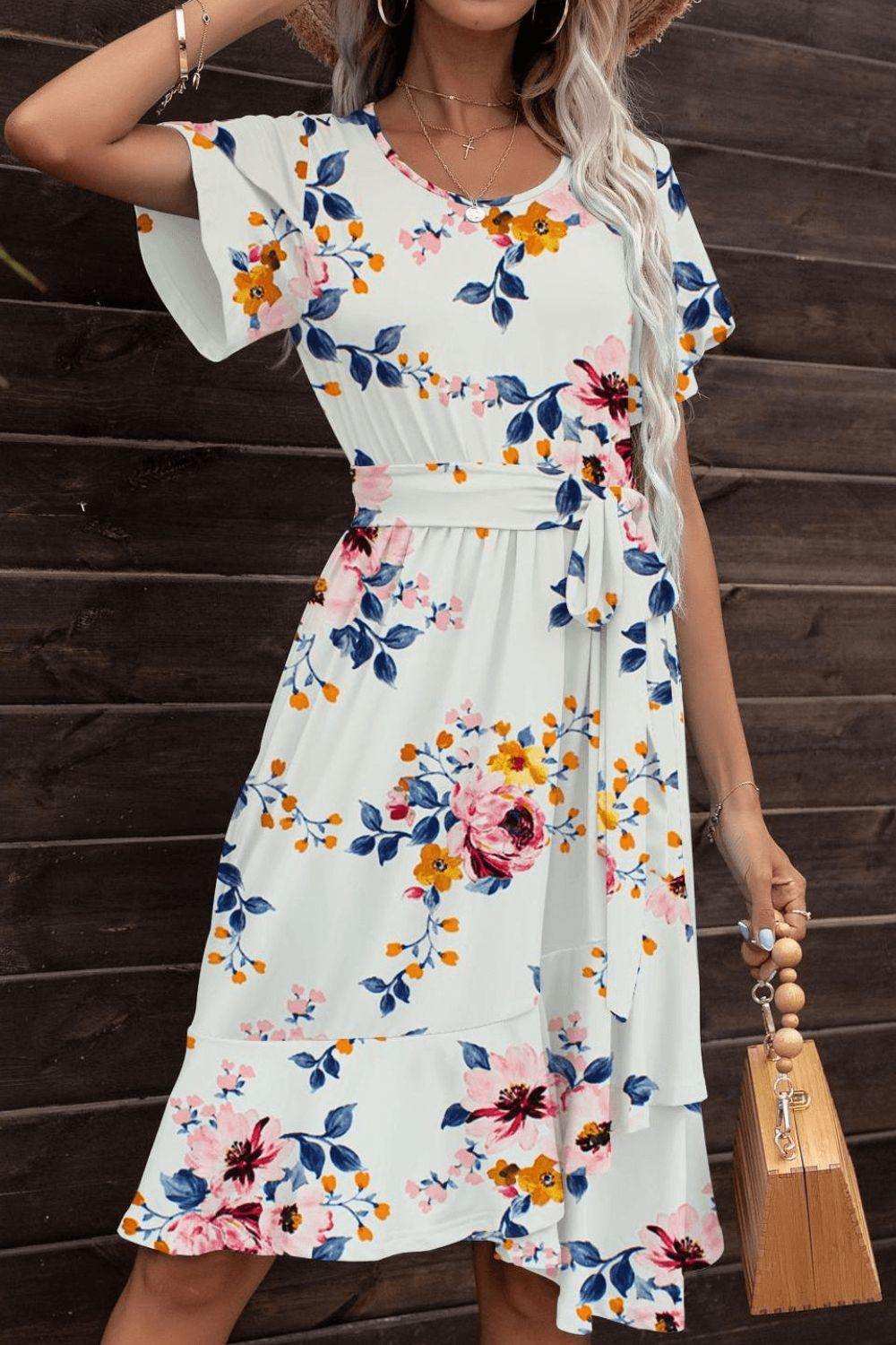Tie Waist Petal Sleeve Ruffle Hem Dress - Trendsi - Flyclothing LLC