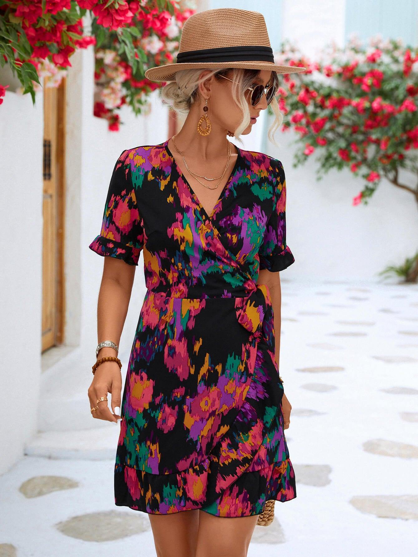 Printed Flounce Sleeve Tied Dress - Flyclothing LLC