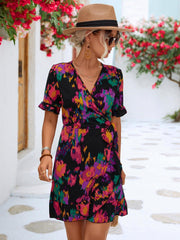 Printed Flounce Sleeve Tied Dress - Trendsi