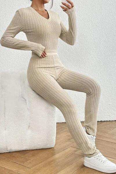 Ribbed V-Neck Long Sleeve Cropped Top and Pants Set - Trendsi - Flyclothing LLC