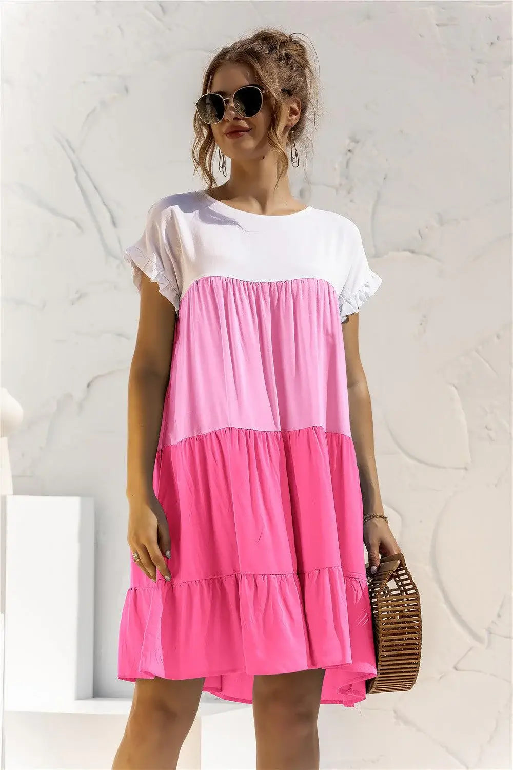 Color Block Round Neck Ruffle Hem Dress - Trendsi - Flyclothing LLC