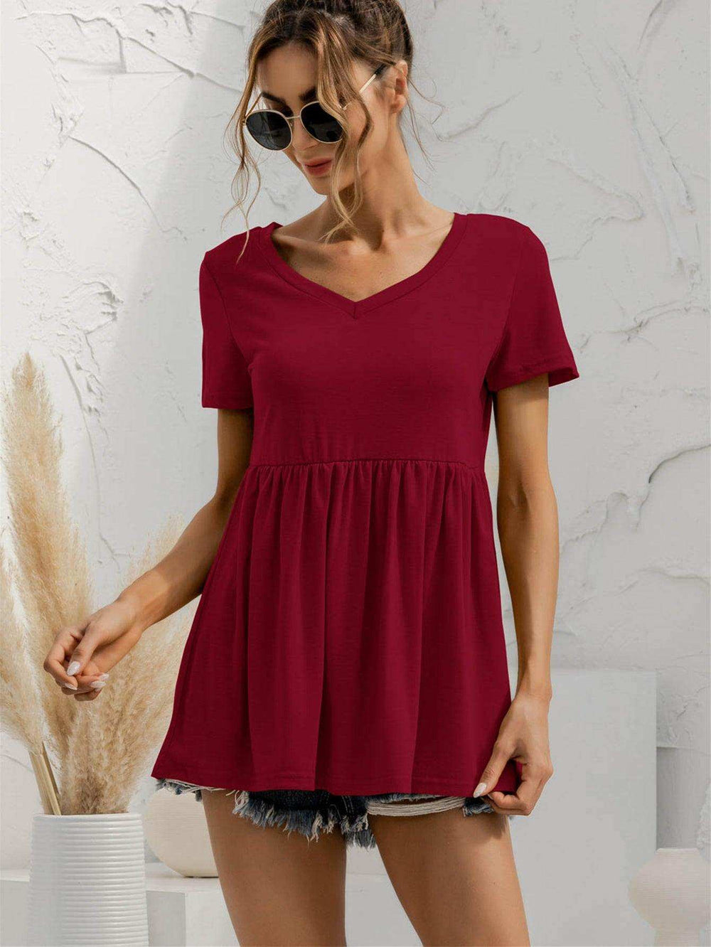 V-Neck Short Sleeve Babydoll Top - Trendsi - Flyclothing LLC