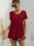 V-Neck Short Sleeve Babydoll Top - Trendsi - Flyclothing LLC