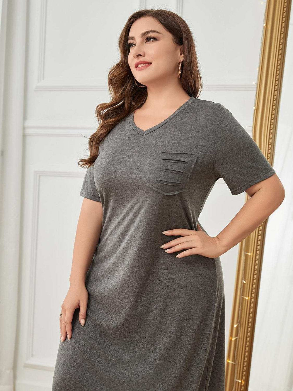 Plus Size Pocketed V-Neck Short Sleeve Lounge Dress - Trendsi - Flyclothing LLC
