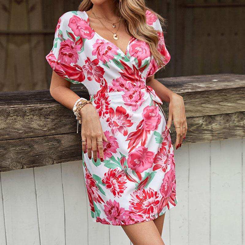 Floral Tied Short Sleeve Mini Dress - Trendsi - Flyclothing LLC