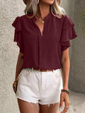 Ruffled Notched Short Sleeve Blouse - Trendsi - Flyclothing LLC