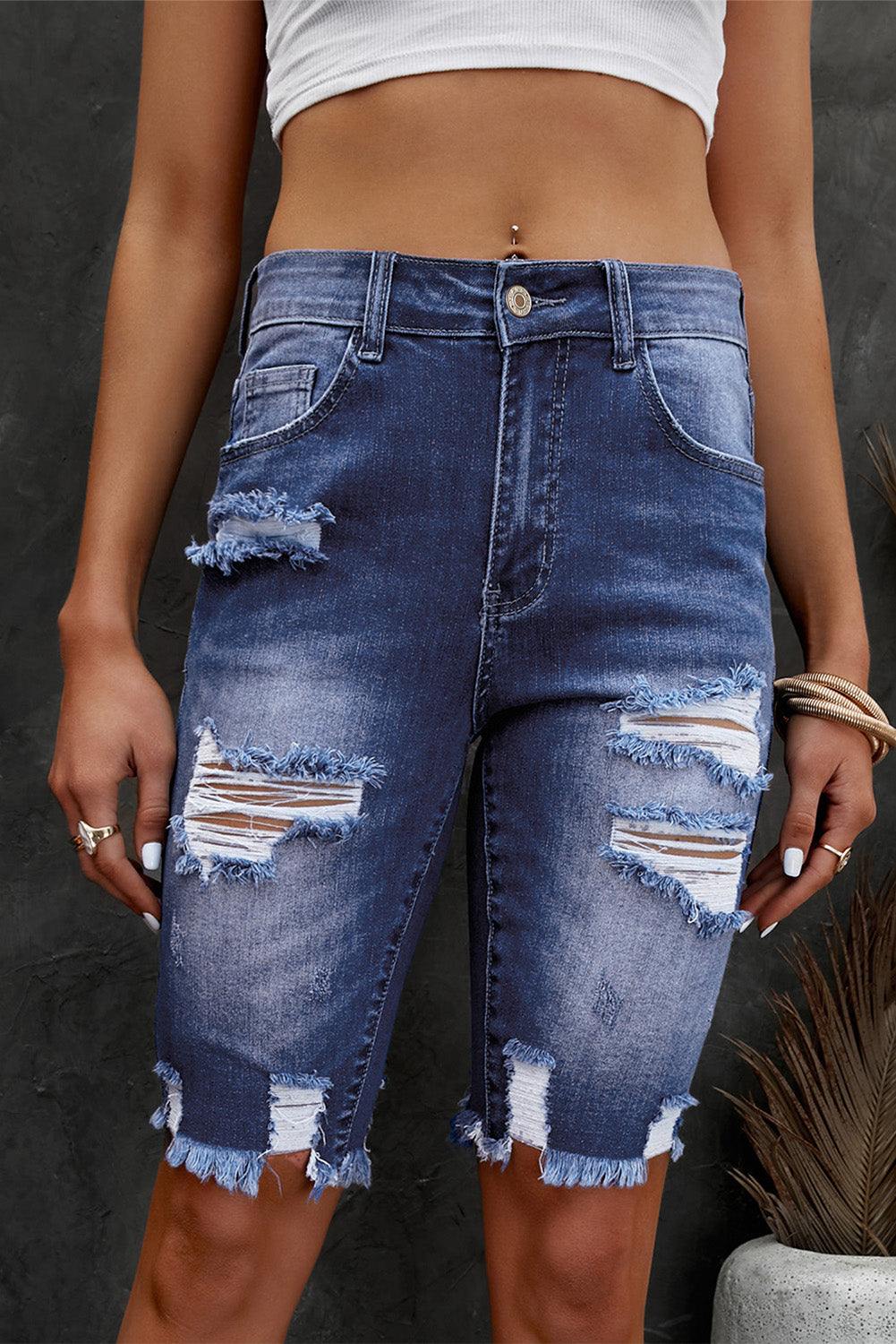 Distressed Frayed Hem Denim Bermuda Shorts Medium S