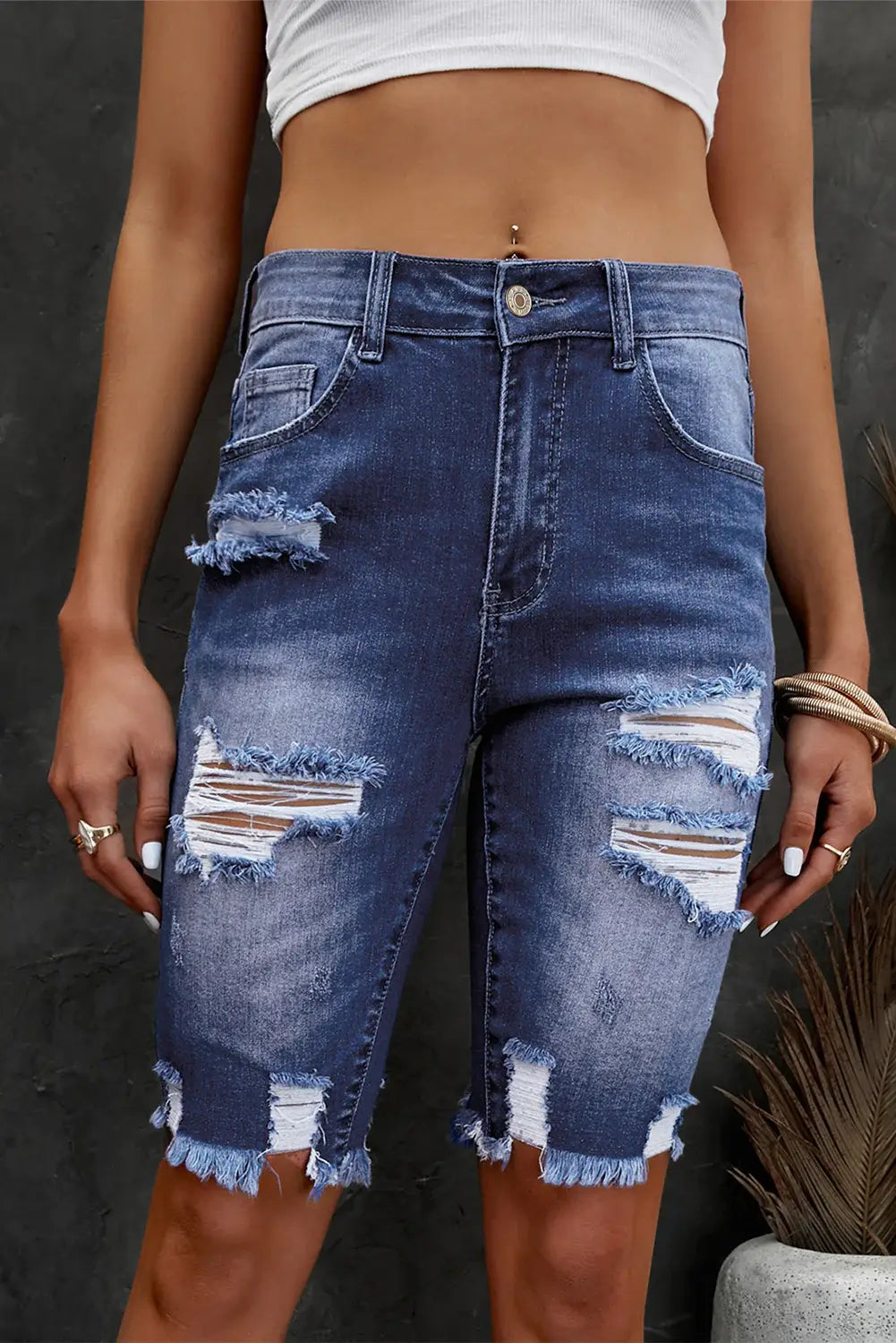 Distressed Frayed Hem Denim Bermuda Shorts - Trendsi - Flyclothing LLC