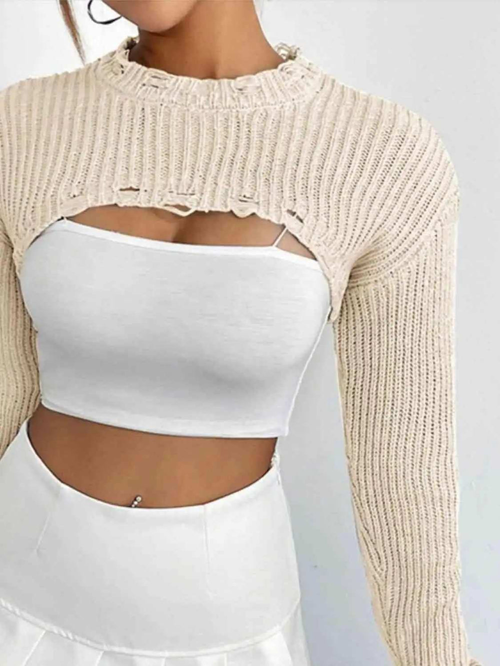 Distressed Long Sleeve Cropped Sweater - Trendsi - Flyclothing LLC