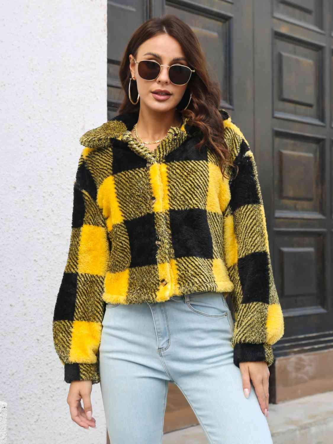 Plaid Dropped Shoulder Buttoned Jacket - Trendsi