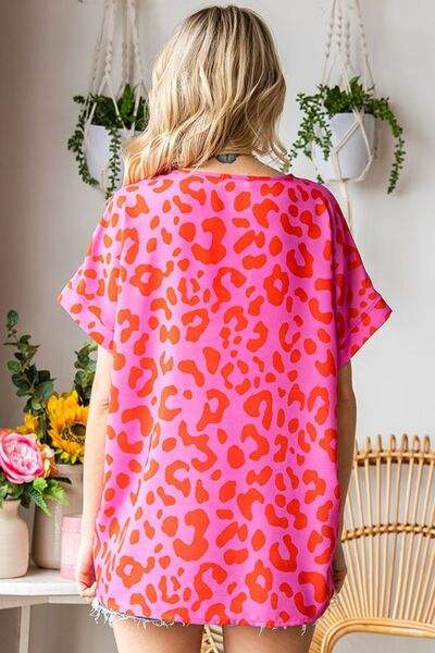 First Love Leopard V-Neck Short Sleeve Woven Top - Trendsi - Flyclothing LLC