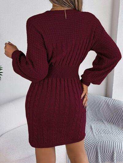 Cable-Knit Cutout Round Neck Slit Sweater - Trendsi - Flyclothing LLC